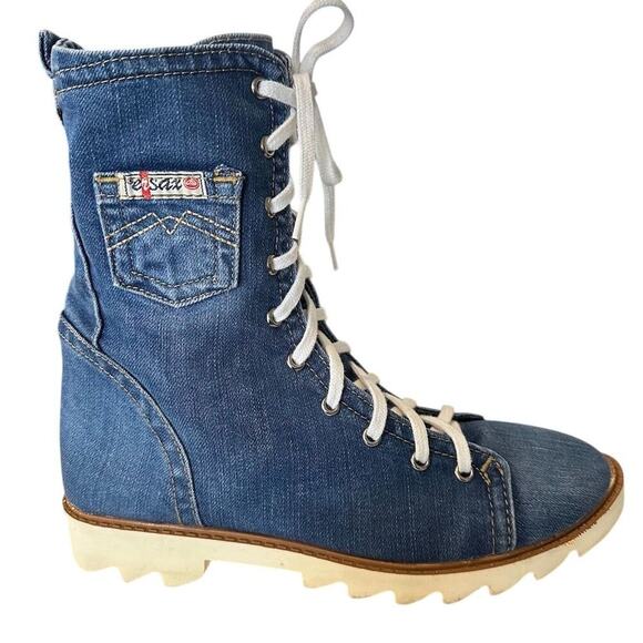 Ersax  Women's Handmade Denim Lace-Up Combat Boots Blue Ankle Casual size 9 - 40 - Picture 5 of 9